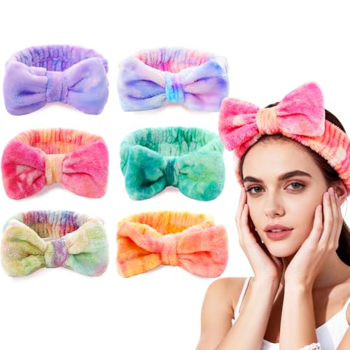 ZMOIVOK 6 Pcs Spa Headband for Washing Face,Skincare Headband with Removable Bow,Furry Face wash Headbands,makeup Headbands for Women,Teen,Girls,Christmas Gifts