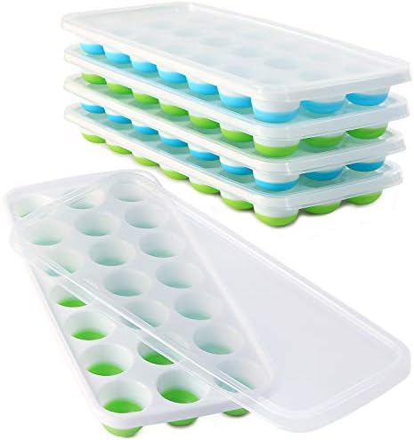 Ice Cube Trays with Lids BPA Free, 4 Pack Easy Release Silicone Ice Cube Trays for Freezer 84 Sphere Ice Tray with Stackable No Spill Lids, Dishwasher Safe, Blue & Green