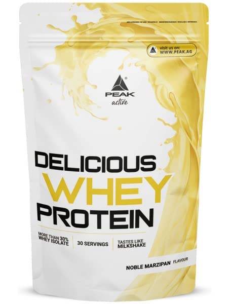PEAK Delicious Whey Protein - 900g Geschmack Noble Marzipan I 30 Portionen I Pulver I Proteinquelle: Molkenprotein Konzentrat + Isolat I ohne Zuckerzusatz I mit Verdauungsenzym Laktase