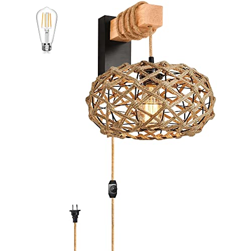 Plug In Wall Sconces Rattan Boho Decor Wall Sconce Set Of Two Woven Wicker Wall Lamp With Plug In Cord Dimmable Hanging Lamps That Plug Into Wall Outlet Rustic Wall Lamp Light For Bedroom Living Room #TOP11