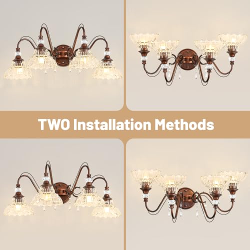Image of Vintage Bathroom Vanity Light, 4-Light Antique Red Bronze Finish Wall Sconce with Hanging Crystal Accents and Flower-Shaped Clear Glass Shades, Retro Wall Mount Vanity Light Over Mirror for Bathroom