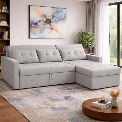 Image of Emilio 4 Seater RHS L - Shape Pull-Out Sofa Cum Bed Sofa for Living Room (Grey Fabric Color) Premium Fabric Sofa Set for Living Room Sofa Cum Bed