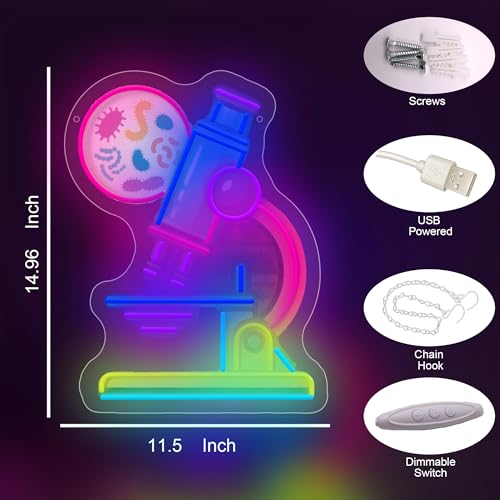 Image of Microscope Neon Sign LED Neon Light Sign for Wall Decor, Science Classroom Decor Neon Signs for Lab Biology Room Study Room Teacher Office Party Education Wall Decoration