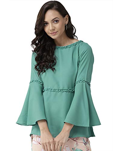 Image of Style Quotient Grey Polyester Solid Flared Sleeves Casual Tops