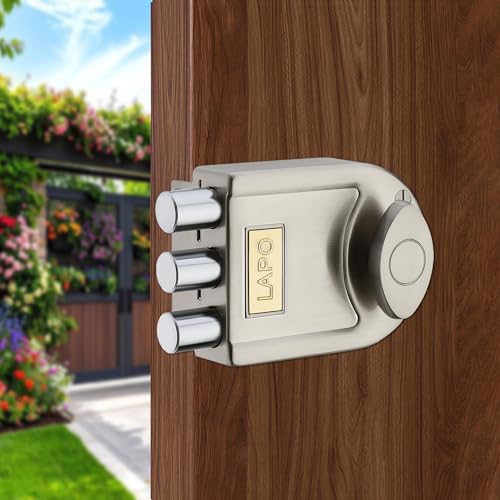 Image of LAPO Main Door Tri-Bolt Deadbolt Lock, Premium Satin Matt Finish,Heavy Duty Wooden Door Lock with Fixed Cylinder&4 Brass Keys,Suitable for Inside&Outside Opening,High Security for Home,Office & Hotel