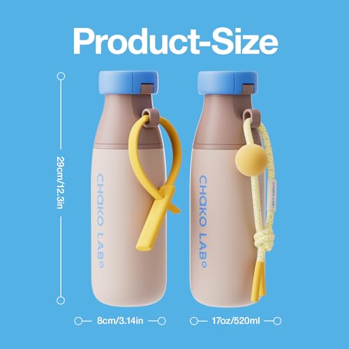 CHAKO LAB Botella de Agua Aislada con Dos Correas | Libre de BPA a Prueba de Fugas | Botella de 17 oz con Tapa de Pico y Popote | Tiramisu miniatura 6