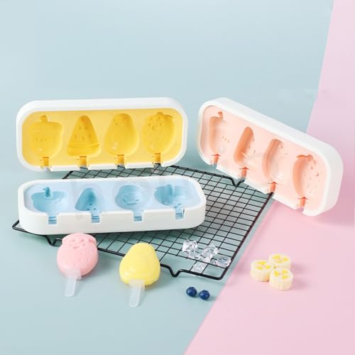 Image of 4 Cartoon Shape Cavity Non-Stick Silicone Ice Cream Mould with Lid & 6 Plastic Sticks Reusable Ice Lolly, Frozen Candy, Kulfi Molds, BPA-Free Stackable DIY Icecream Popsicle Maker (Multicolor)