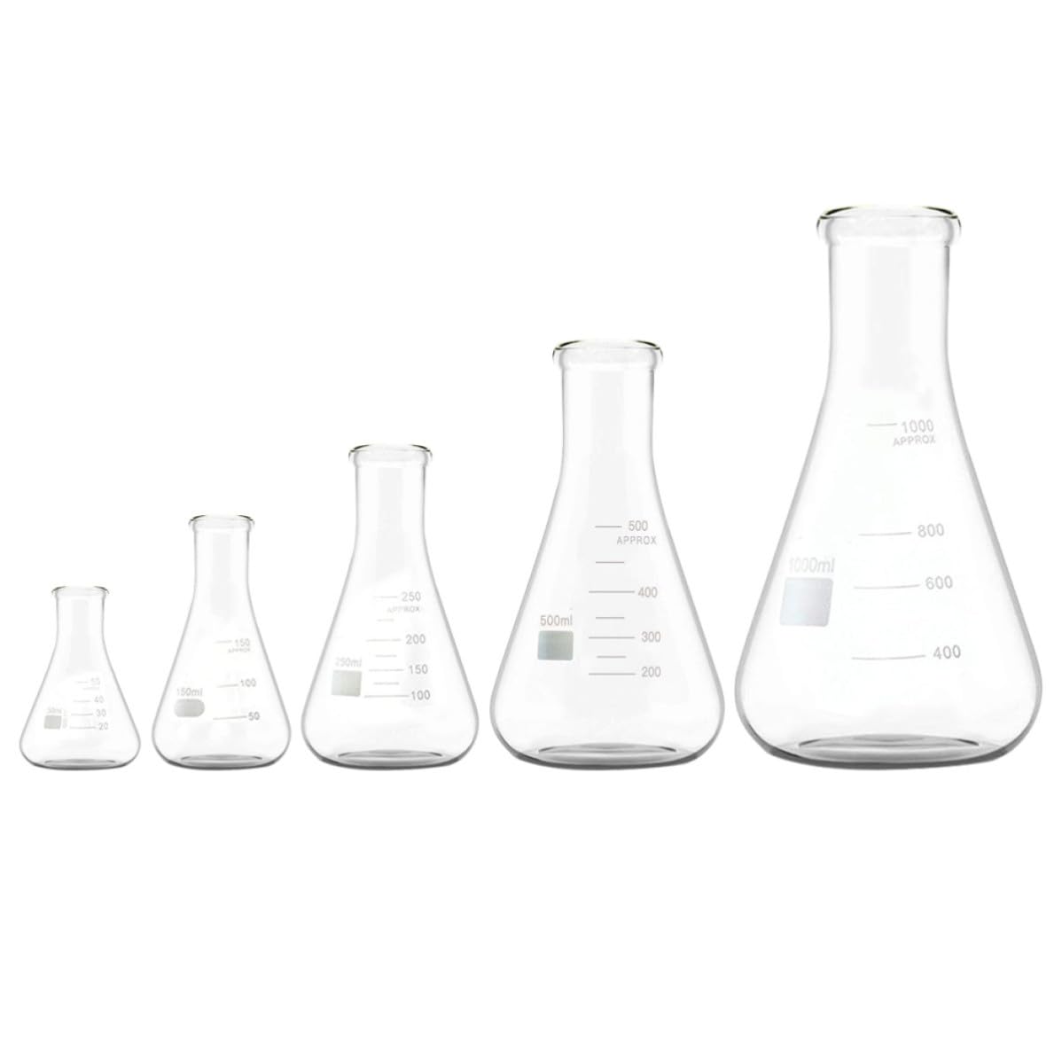 PRETYZOOM Erlenmeyerkolben aus Glas 5 Stück Weithals Flachboden mit Standardgraduierung 50ml für Laboranwendungen in Life Science und Chemie
