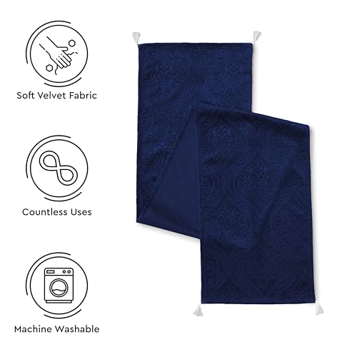 Image of Encasa XO 8 Seater Dining Embossed Velvet Table Runner | Size 32x240 cm | Navy Blue Color with Premium Polyester - Machine Washable