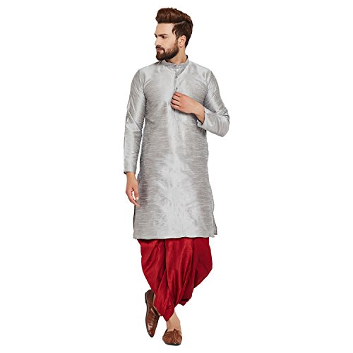 Image of SOJANYA (Since 1958 Men's Off-White and Gold Dupion Silk Dhoti Kurta Set