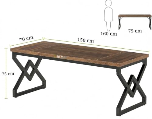 Image of Executive Computer Desk | Office Table for Home & Workstation, Wooden Study Desk | Laptop Table with Strong Metal Frame | Rustic Brown | 150x70x75cm