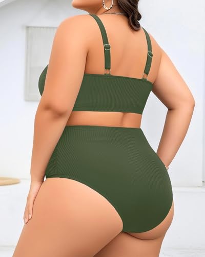 Plus Size 2 Piece Swimsuit - Womens High Waisted Bikini Tummy Control Bathing Suit Ribbed 2025 Swimwear2