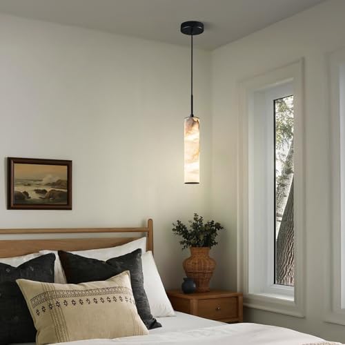 Image of LMQNINE Natural Alabaster Pendant Lights for Kitchen Island White Marble Long Tube Chandelier 4000K Black Modern Ceiling Light Fixtures for Living Room Bedroom Dining Room Table Hallway(S-2Pack)