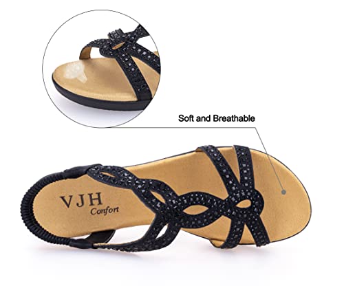 VJH confort Women’s Flat Sandals,Comfort Elastic Strap Rhinestone Open Toe Slip-On Casual Walking Sandals3