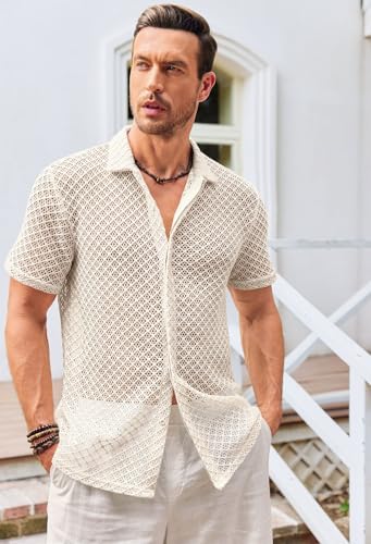 Runcati Mens Button Down Knit Shirt Short Sleeve Crochet Shirts Casual Hollow Out Summer Beach Vacation Tops2