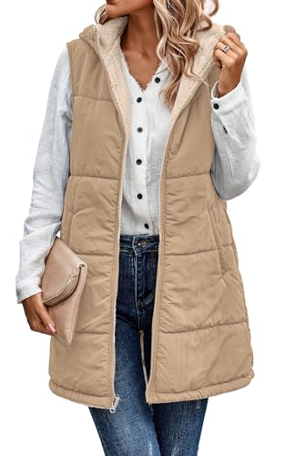 Image of ECOWISH Women Long Puffer Vest: Fall Zip up Reversible Fleece Jacket 2025 Winter Warm Sleeveless Hooded Coat with Pockets Light Camel XL