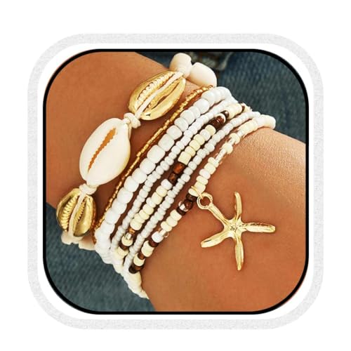 GORTIN Beach Bracelets for Women Boho Stretch Bracelets Set Starfish Stackable Surfer Heishi Friendship Bracelet jewelry (K-Shell-7 PCS Free size)
