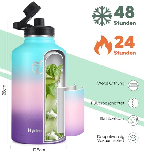 HydroPal Edelstahl Isolierflasche, 1,9LTrinkflasche mit Strohhalm 2 Deckel – Ansicht 3