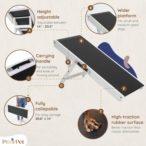 Image of Dog Ramp for Couch - Non-Slip, Sturdy Build Foldable Wooden Dog Ramp - Supports up to 200 lbs - 7 Adjustable Heights (14 inch-20.5 inch) - Enhanced Stability - Birchwood Pet Ramp for Small Dogs - White