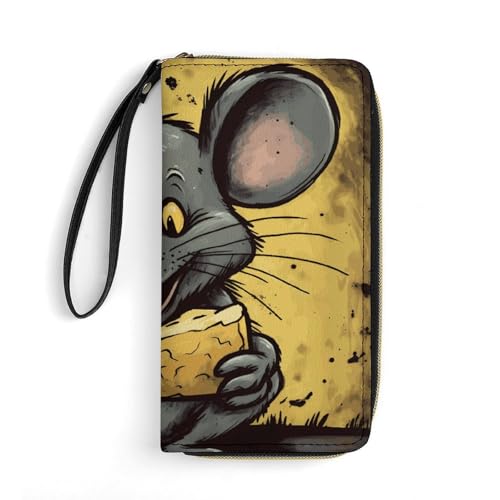 Rat Eats A Piece of Cheese Leather Wallet Smooth Zip Around Clutch Wristlet Travel Long Soft Purse for Women