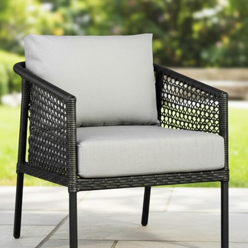 Image of DEVOKO Furniture 3-Piece Patio Set Elegant Black Wicker Design and Gray Cushions for Comfortable Outdoor Living
