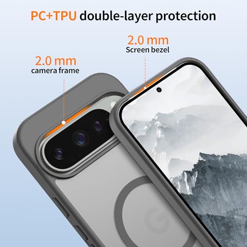 Coque pour Google Pixel 9 Pro XL fine avec 2 verres de protection d'écran MagSafe gris