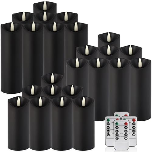 Image of fclayvts Realistic Flameless LED Candle Black Set of 24, Battery Operated with Remote Control, 3D Flame Pillar Timer Funtion Melted Top Safe,Perfect for Indoor /Outdoor Decor,Wedding,BBQ and Gift