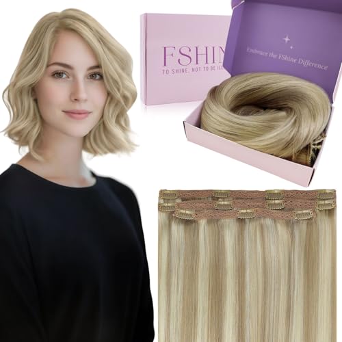 Fshine Clip in Extensions Echthaar, 30cm 50g 3 Stücke Echthaar Extensions Clip Günstig Aschblond Hervorgehobenes Goldblond Menschliches Haar Farbe 16P22