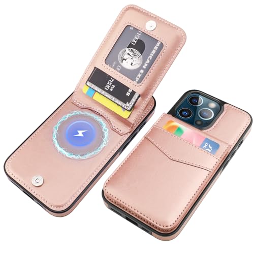 Image of KIHUWEY for iPhone 13 Pro Case Wallet Compatible with MagSafe Wireless Charging, Credit Card Holder, RFID Flip Leather Magnetic Clasp Kickstand Heavy Duty Protective Cover 6.1 Inch (Rose Gold)