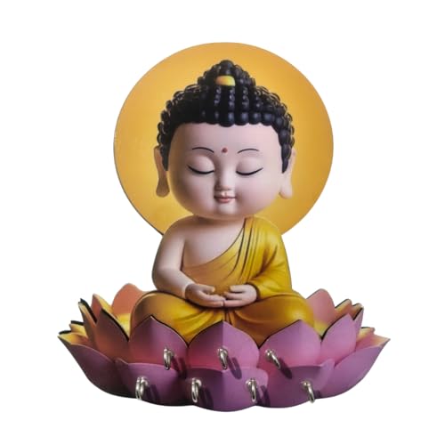 Image of Buddha Key Holder for Wall - Cute Meditating Buddha on Lotus Wooden Key Hanger with Multiple Hooks - Wall Mounted Key Stand & Entryway Organizer for Home Decor, Gift