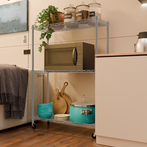 Image of 3-Shelves Wheels Heavy Duty Steel Storage Rack | Multipurpose Shelving Unit for Kitchen, Home & Utility | Grey, 3 Shelves Wheels