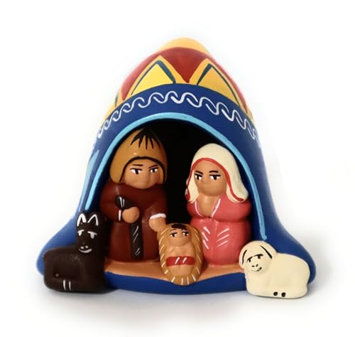 Nativity Christmas Miniature Decor Ceramic Peruvian Handmade Pottery Folk Art Nacimiento Nativity Scene Inside a Peruvian Beanie Andean Style 2.5