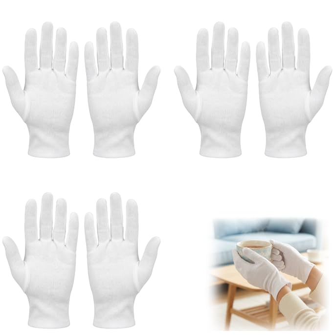 3 Pares De Guantes De Algodón Blancos, Hidratantes y Transpirables, Guantes Finos y Elásticos Para Manos Secas, Uso Cosmético Spa Inspección Servicio Limpieza Hogar Reutilizables Cómodos