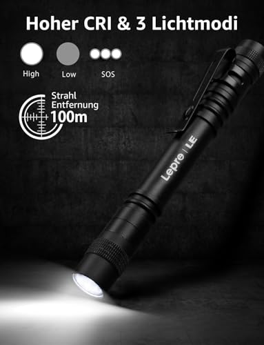 Lepro Taschenlampe (2 Stück), Mini LED Stiftlampe mit 3 Modi, Schwarz – Ansicht 2