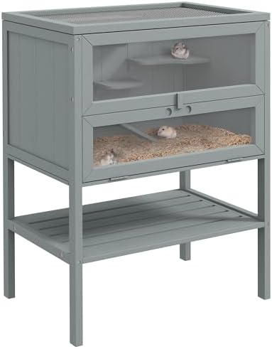 PawHut Wooden Hamster Cage with Storage Shelf, Small Animal Exercise ...