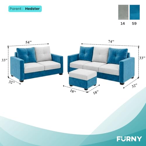 Image of FURNY Amonster 3 Seater + 2 Seater Fabric Sofa Set with 1 Ottoman (Aqua Blue - Light Gray) with Velvet Finish | Durable Comfort | Ideal for Living Room