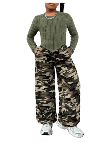 Image of Floerns Girl's Long Sleeve Tee Shirt with Camo Print Pants Set 2 Piece Outfit