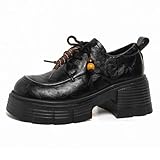 Women's Chunky Platform Oxford Shoes with Beaded Fashion Leather Wide Toe Thick-Soled Non Slip Soft Sole Block Heel Dress Lace Up Loafers for Office Business (Black,7)