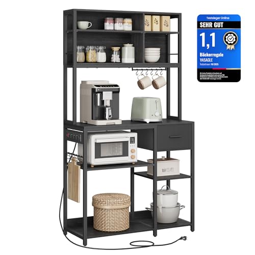 VASAGLE Küchenregal mit Steckdosen, Standregal, 40 x 100 x 180,4 cm, Backregal, verstellbare Ablagen, Stoffschublade, 12 Haken, Küche, anthrazitgrau-tintenschwarz KKS027B02