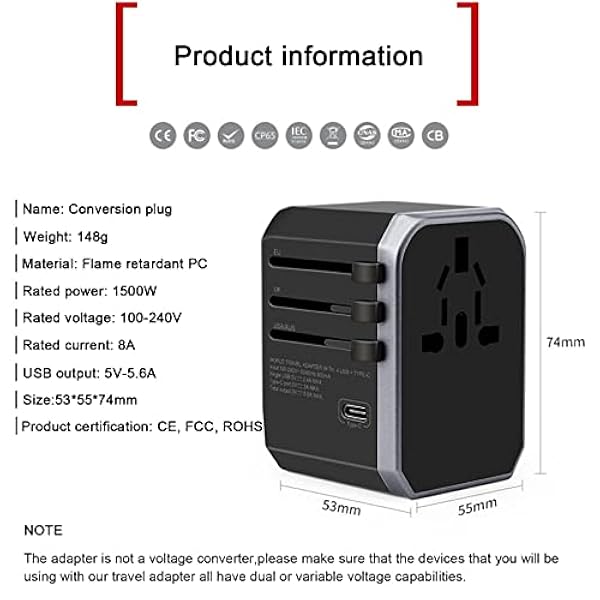 Adattatore da Viaggio Universale Un Caricabatterie da Parete Internazionale Adattatore per Spina CA con Alimentazione Intelligente 5,6A e USB Type-C 3,0A per USA EU UK aus