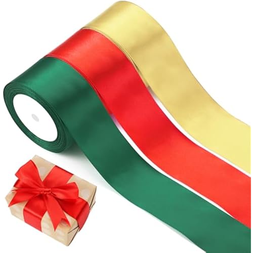 3 Rolls 75 Yard Red Green Gold Gift Wrapping Ribbon, 2 Inch Polyester Ribbons Solid Satin Ribbon Holiday Ribbons for Christmas Gift Wrapping Wedding Crafts Wreath