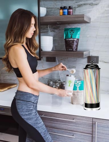 Straw Holder Dispenser Clear Glass Drinking Straw Container with Lid for Counter (M-Black)