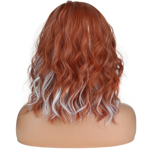 Image of BERON Light Brown Highlights Platinum Short Wave Wig for Women Girls Shoulder Length Wavy Heat Resistant Synthetic Wig for Cosplay Costume Party or Daily