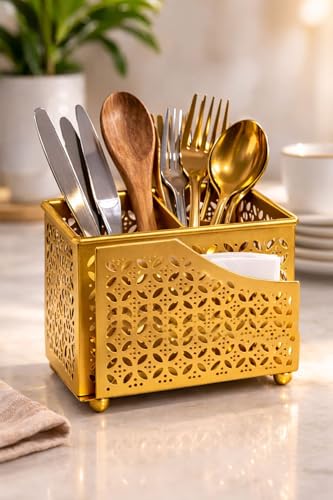 Image of Cutlery Holder for Dining Table with Tissue Holder | Golden Metal Spoon Fork Knife Stand Organizer | Tabletop Cutlery Stand for Kitchen