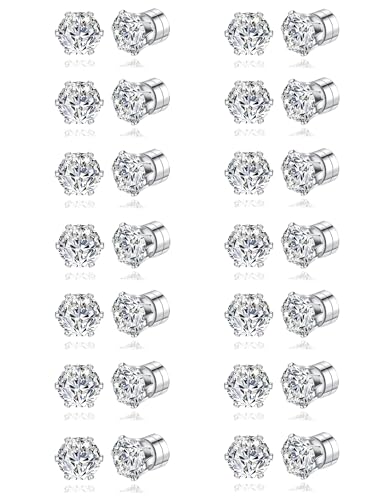 14 Pairs Magnetic Stud Earrings Multicolor Cubic Zirconia Clip on Earrings Set Non-Piercing Fake Earring Jewelry for Women Men 4MM 6MM