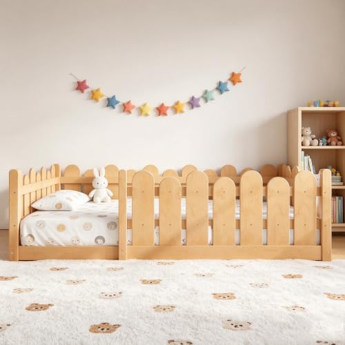 Image of Bellemave Full Size Kids Montessori Floor Bed,Floor Bed Frame with Rounded Safety Guardrail,Solid Wood Montessori Bed for Girls Boys,Natural