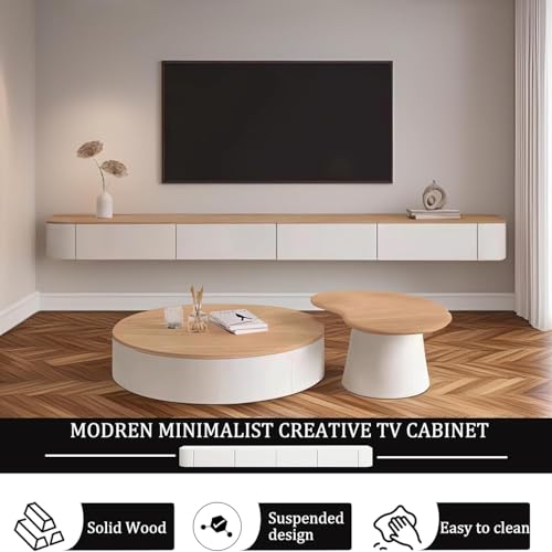 Image of Floating TV Stand Wall Mounted - Wall Entertainment Center with Flip-Down Doors & Drawers, Modern Hanging TV Shelf for Living Room, Media Console for 65 /75 80 Inch TVs (White+Wood, 94.5IN /240CM)