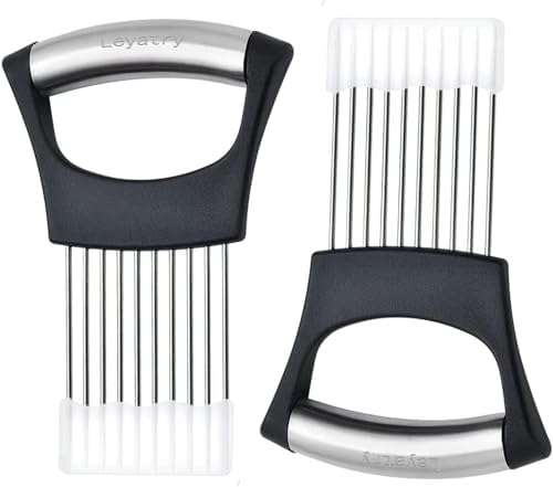 Leyatry 2 Pack Onion Slicer Holder, Stainless Steel Onion Cutter for Potato, Tomato, Vegetables, Avocados, Lemon and for Tenderizing Meat, with Protective Covers