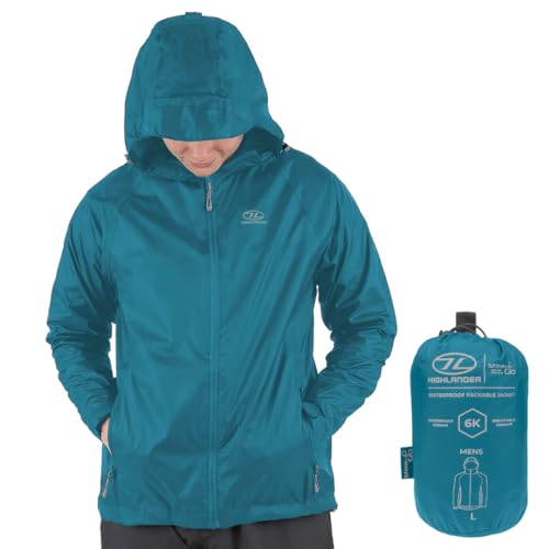 Highlander Chaqueta impermeable para hombre, chaqueta plegable Stow & Go, máxima protección impermeable, ligera y transpirable, perfecta para el día a día y aventuras al aire libre, azul petróleo, XL