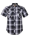 COEVALS CLUB Men's Western Cowboy Short Sleeve Pearl Snap Casual Plaid Work Shirts (Black & Gray #9, XL)